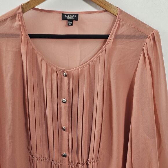 Talbots Top Shirt Womens 18P Pink Button Sheer Lined Pleating High Neck Career - Picture 2 of 4